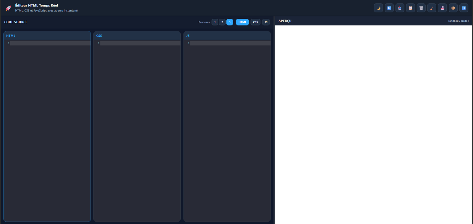 Éditeur HTML : panneaux HTML, CSS, JavaScript et aperçu