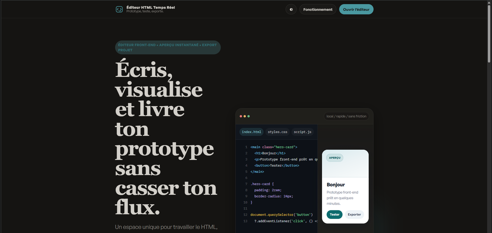 Éditeur HTML : page d’accueil avec aperçu du prototype