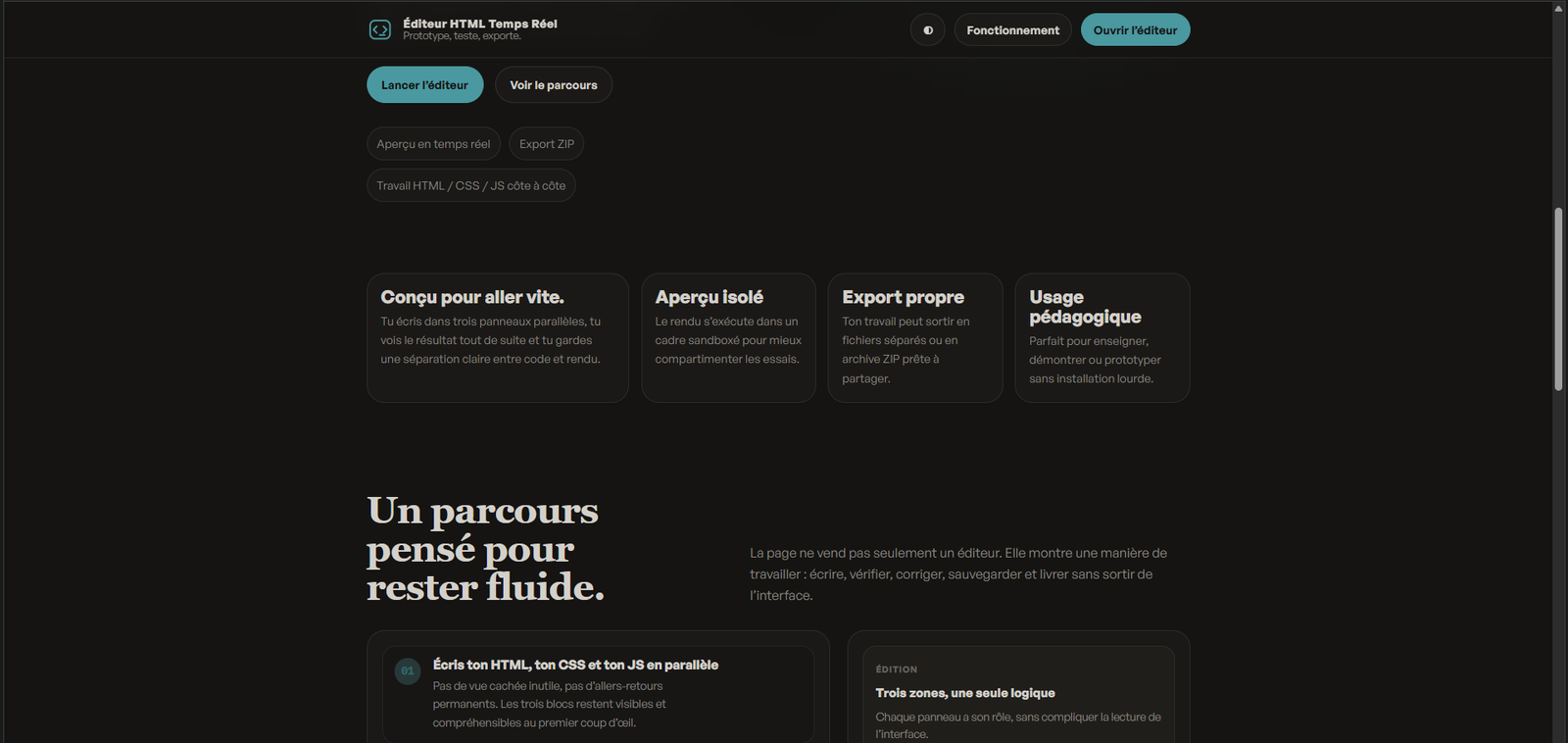 Éditeur HTML : aperçu temps réel, export et trois zones de travail